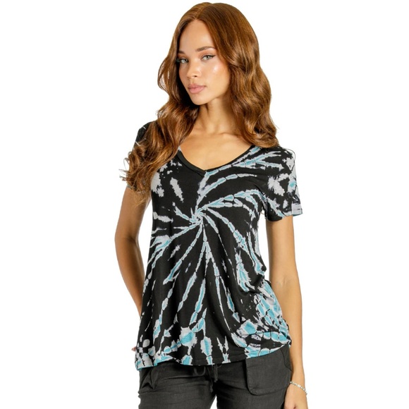 Tie-Dye Acid Wash Hardtail V-Neck A-Line Tee Black and Blue Women's Top NWT Lrg - Picture 1 of 4